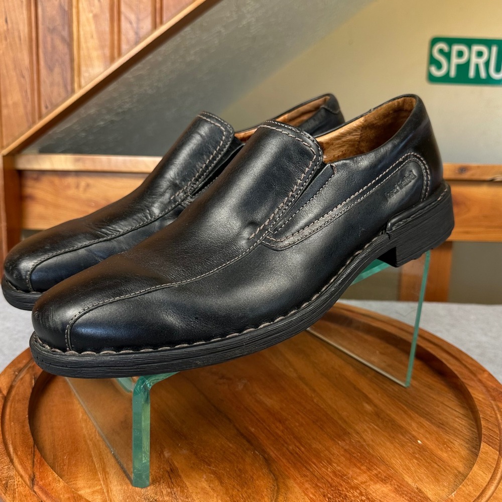 Josef Seibel Mens Black Leather Slip On Loafers Comfort Shoes Round Toe